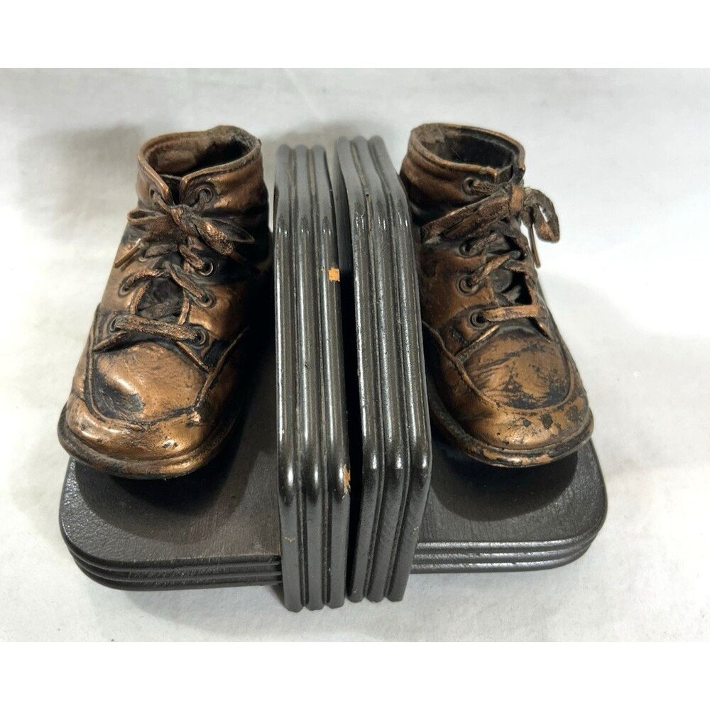 Vintage Bronzed Baby Boots Bookends Nursery Keepsake Mid Century Home Decor